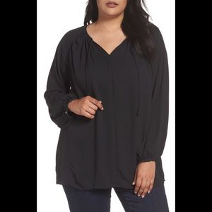 Sejour poets blouse with tie at neck black 2X